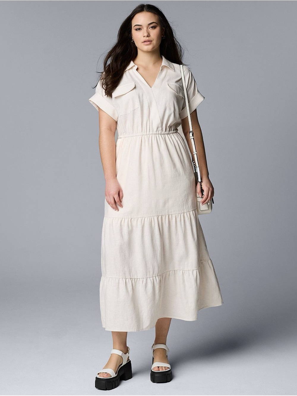 EUC Vera Wang Cream Linen Tiered Maxi Dress - Medium